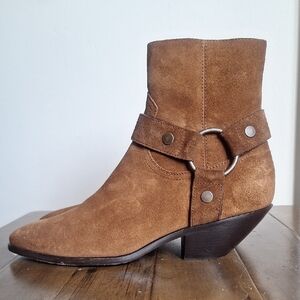 SAINT LAURENT YSL Suede Wyatt Harness Ankle Boots Cognac Size 36 Box Dust Bags